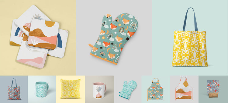 A collage of products including coasters, oven gloves, tote bags, mugs, tea towels and aprons