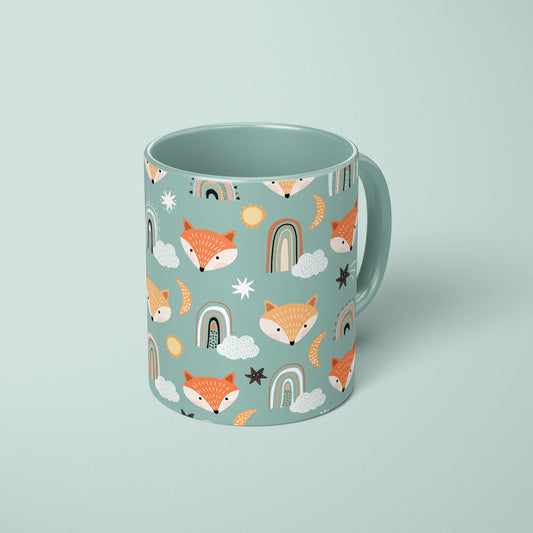 Mug with children's fox, rainbow, star and could pattern