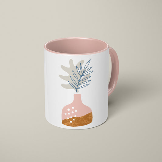 Mug with pink handle and interior with vase picture 