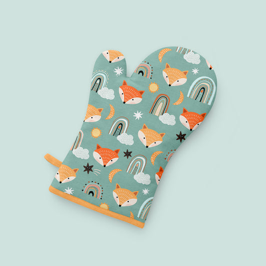 Children's oven glove with fox, rainbow, moon and star pattern 