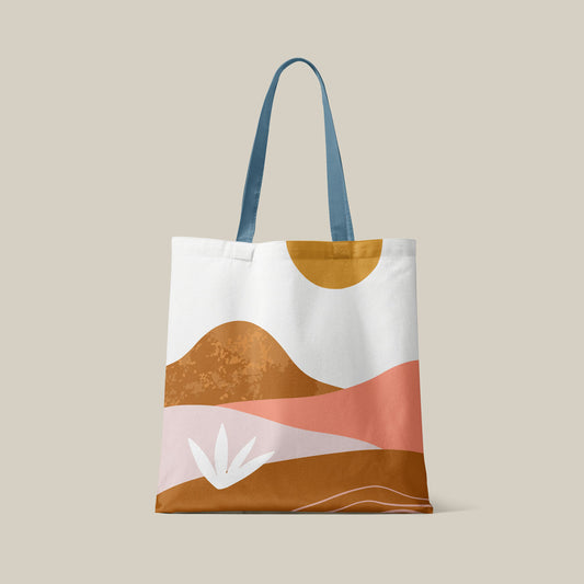 Printed tote bag on beige background